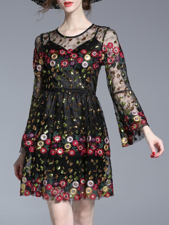 Shein Bell Sleeve Gauze Embroidered Sequined Dress
