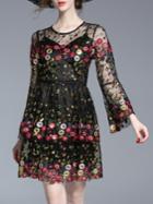 Shein Bell Sleeve Gauze Embroidered Sequined Dress