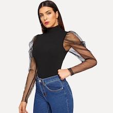 Shein Mesh Gigot Sleeve High Neck Fitted Top