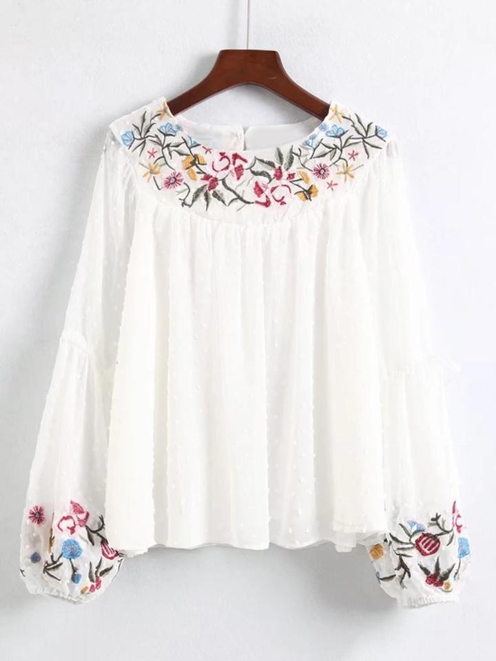 Shein Embroidered Detail Lantern Sleeve Blouse