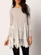 Shein Grey Lace Insert Long Sleeve T-shirt