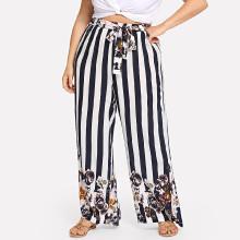 Shein Plus Stripe & Flower Print Belted Pants
