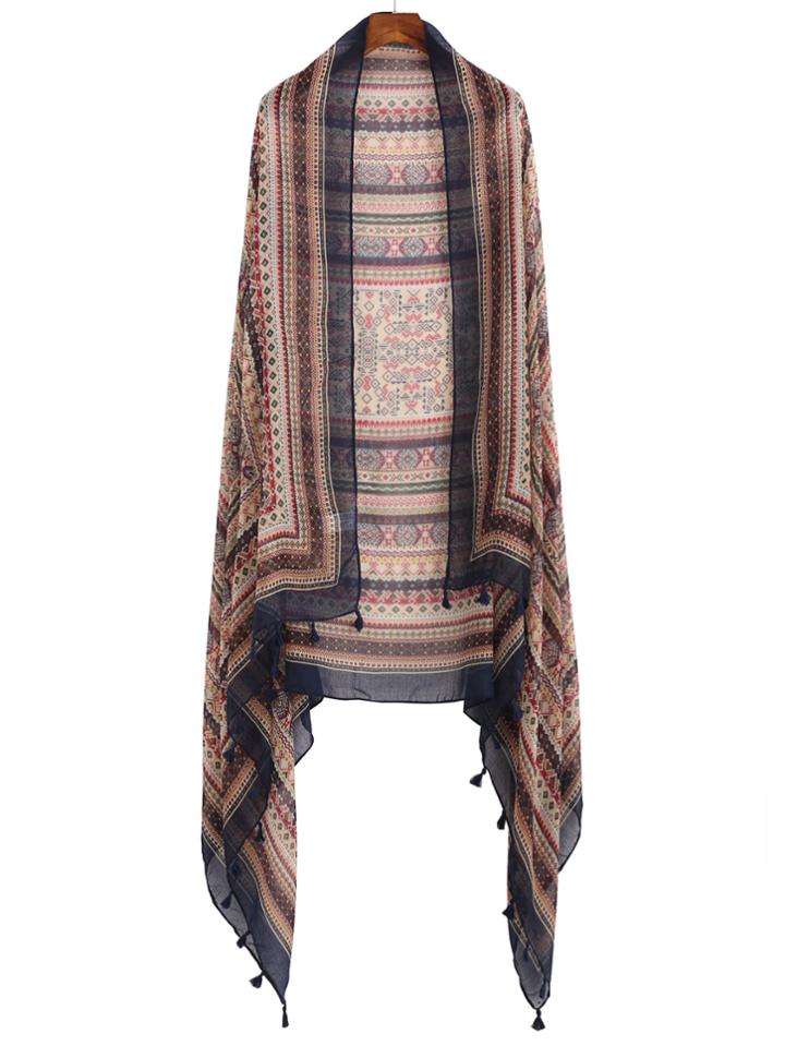 Shein Tribal Print Tassel Trim Navy Edge Voile Scarf