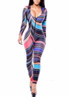 Rosewe Vogue V Neck Stripe Deign Ankle Length Jumpsuit