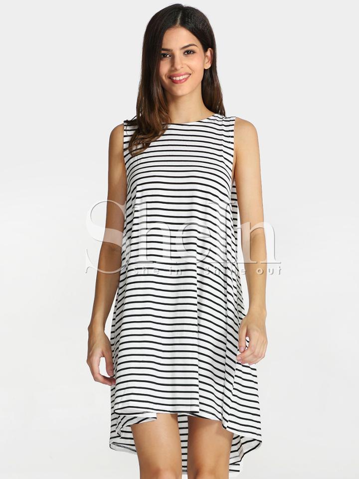 Shein White Black House Sleeveless Striped Dress