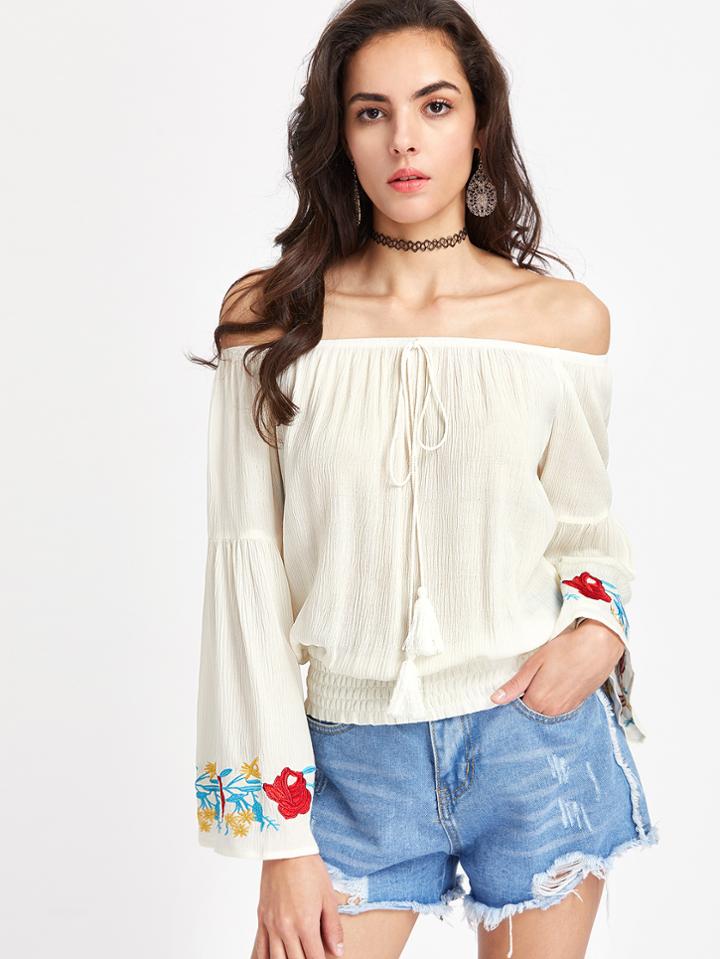 Shein Tassel Tie Neck Embroidered Trumpet Sleeve Smocked Blouson Top
