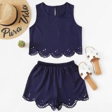 Shein Laser Cut Hem Top With Shorts
