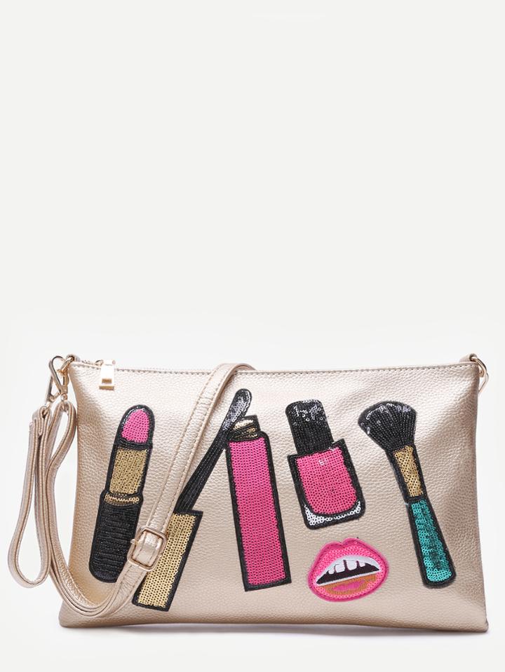 Shein Makeup Brush Metallic Gold Clutch Bag With Strap