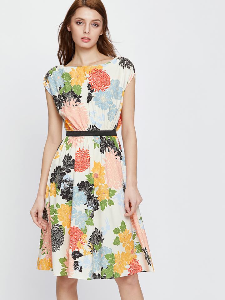 Shein Multicolor Flower Print A Line Dress With Self Tie
