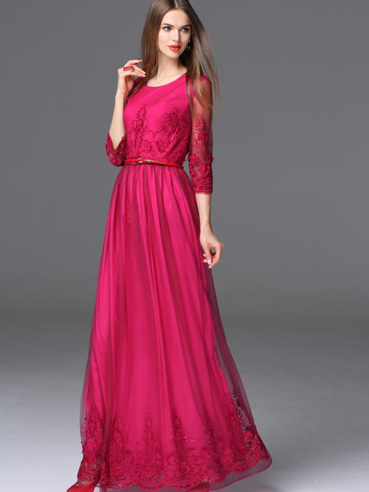 Shein Red Round Neck Length Sleeve Contrast Gauze Drawstring Lace Dress