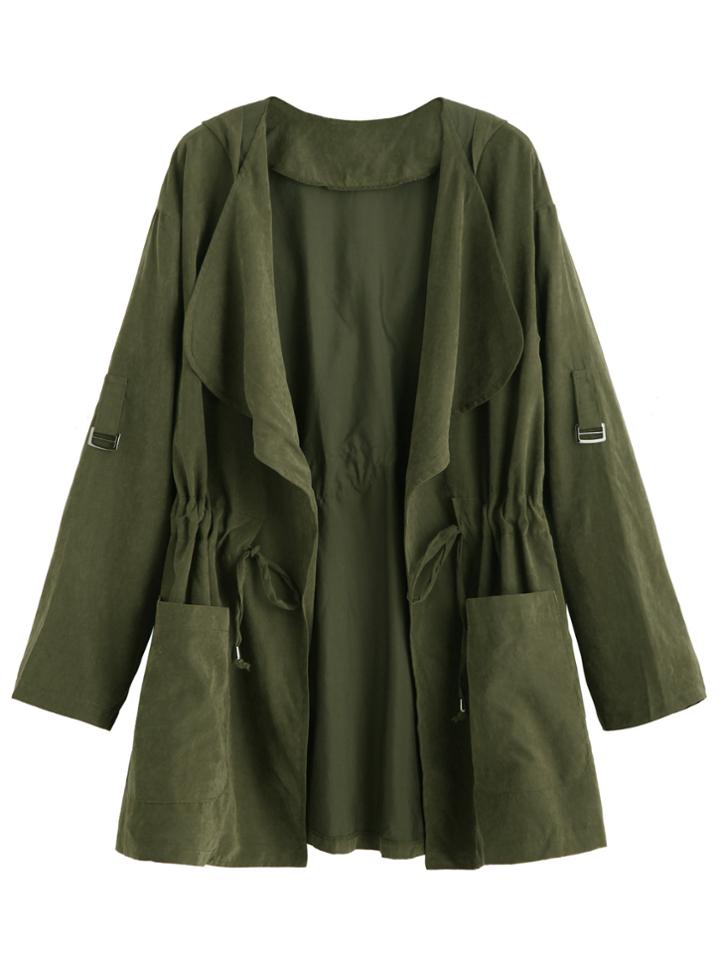 Shein Olive Green Drape Collar Drawstring Waist Coat