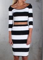 Rosewe Stripe Print Three Quarter Sleeve Two Piece Dresses