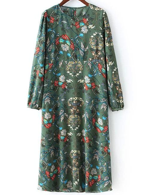 Shein Green Florals Keyhole Tunic Dress