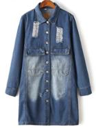 Shein Blue Ripped Boyfrind Knee Length Denim Coat