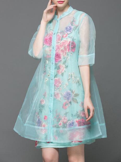 Shein Green Sheer Flowers Applique Gauze Embroidered Two-piece Dress