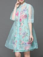 Shein Green Sheer Flowers Applique Gauze Embroidered Two-piece Dress