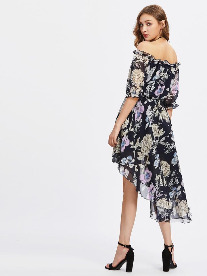 Shein Frilled Off Shoulder Elasticized Waist Dip Hem Dress