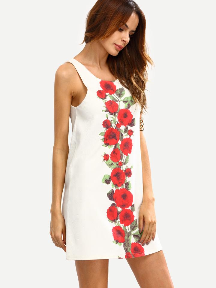 Shein White Floral Print Sleeveless Dress