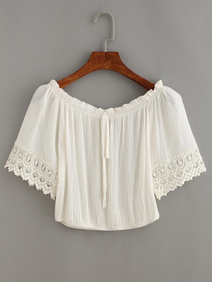 Shein Tie-neck Crochet Trimmed Sleeve Crop Top