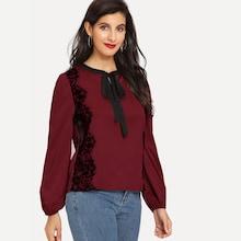 Shein Tie Neck Eyelash Lace Trim Top