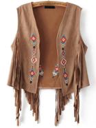 Shein Geometric Embroidery Fringe Detail Suede Vest
