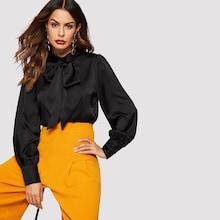 Shein Tie Neck Bishop Sleeve Satin Blouse