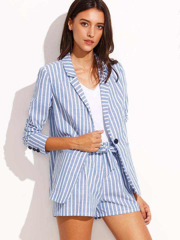 Shein Blue Striped Lapel Blazer With Tie Waist Shorts