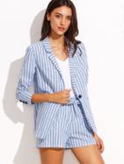 Shein Blue Striped Lapel Blazer With Tie Waist Shorts