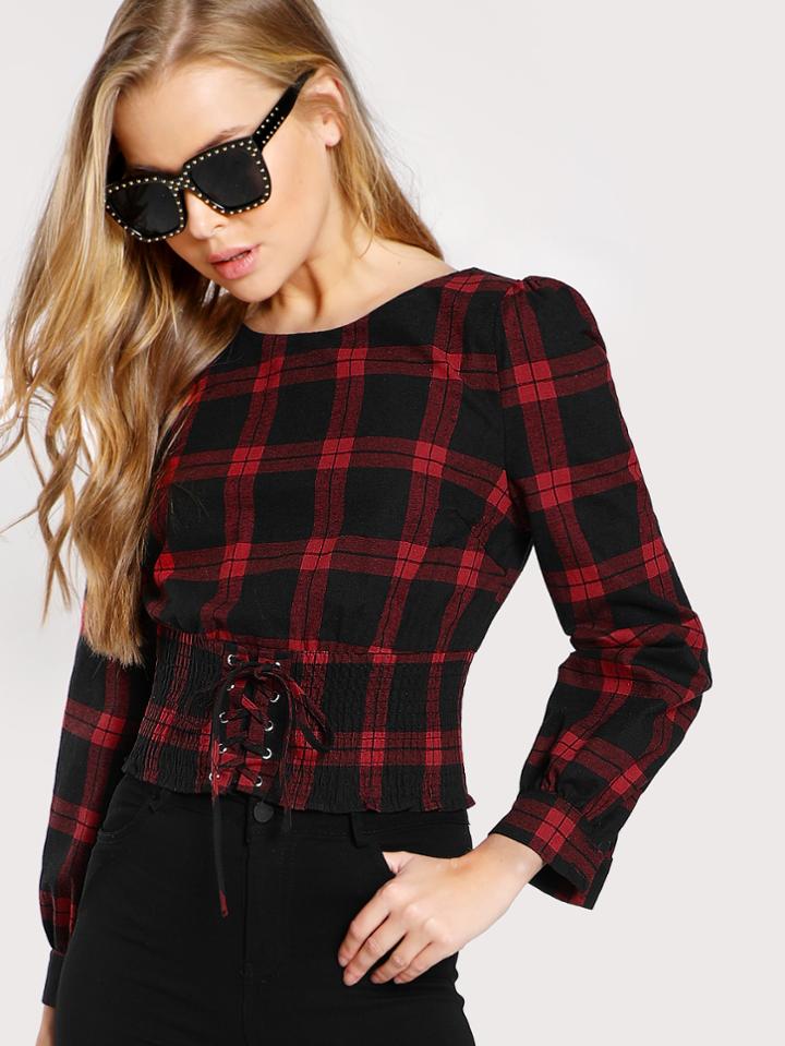 Shein Corset Belt Detail Shirred Hem Checkered Top