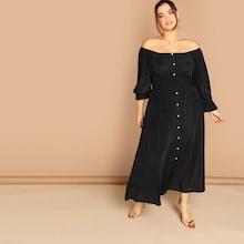 Shein Plus Shirred Waist Ruffle Cuff Bardot Dress