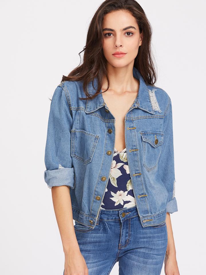 Shein Mid Wash Ripped Denim Jacket