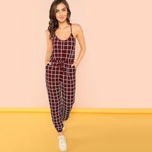Shein Overlap Back Drawstring Waist Grid Jumpsuit