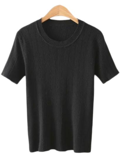 Shein Black Round Neck Vertical Stripe Knitted T-shirt