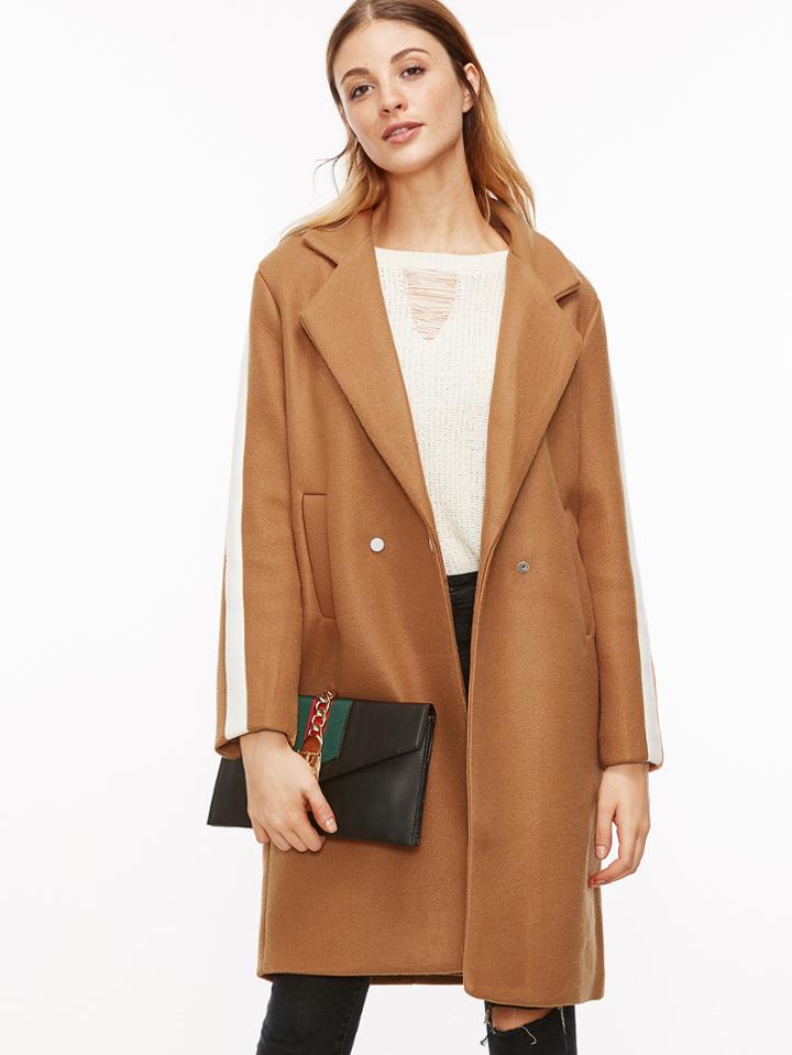 Shein Khaki Striped Trim Coat With Pockets