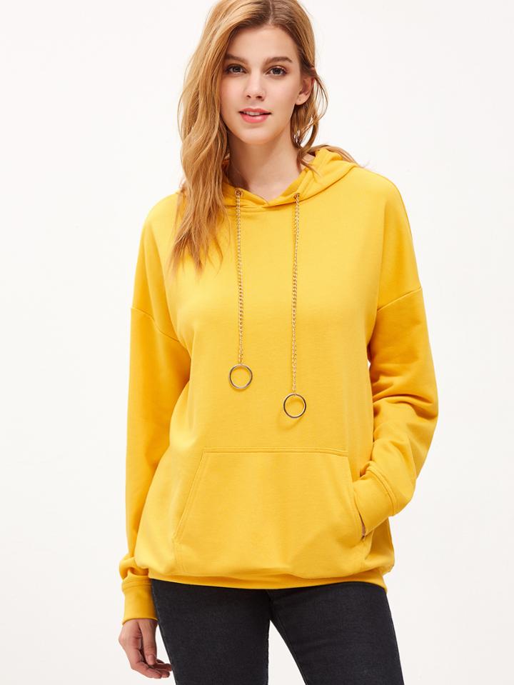 Shein Drop Shoulder Pocket Front Chain Drawstring Hooded Sweatshirt