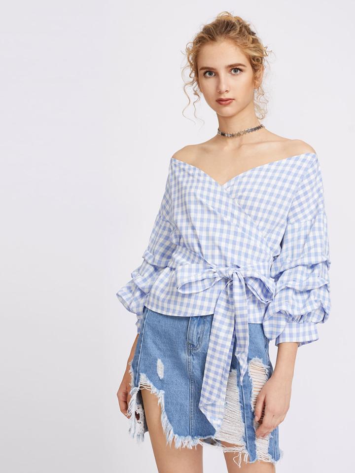 Shein V Cut Off Shoulder Gingham Ruched Cuff Tie Front Top