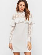 Shein Sheer Embroidered Lace Shoulder And Sleeve Frill Dress