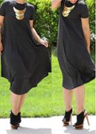 Rosewe Short Sleeve Mid Calf Black Shift Dress