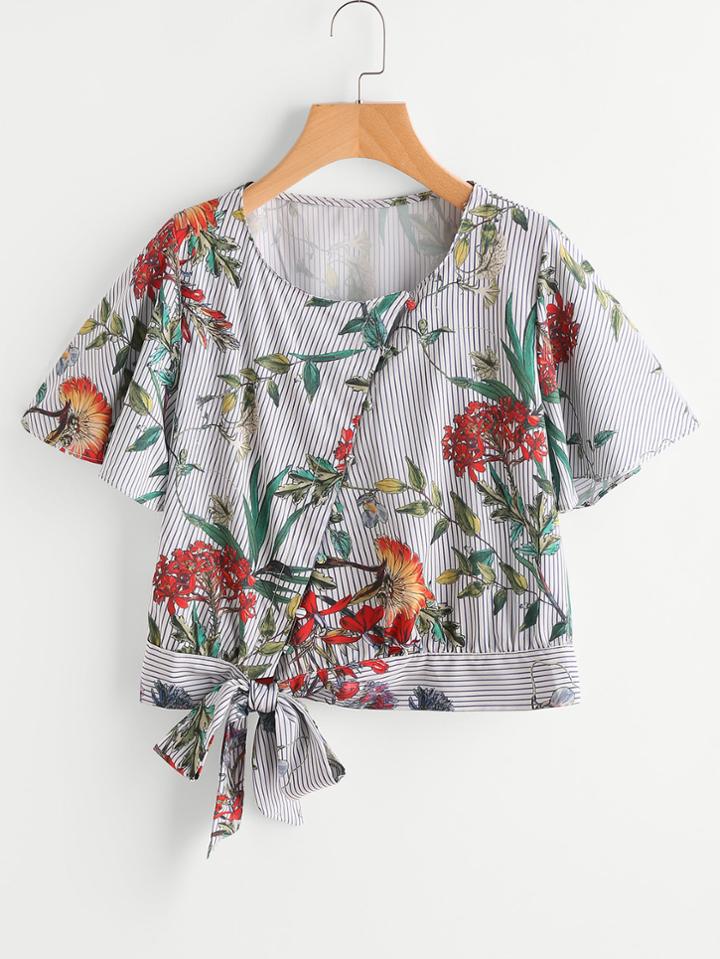 Shein Random Jungle Print Knotted Hem Striped Blouse