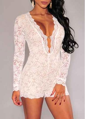 Rosewe V Neck Long Sleeve White Lace Rompers