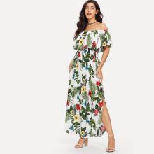 Shein Off Shoulder Botanical Print Split Side Dress