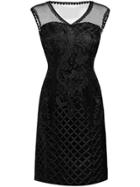 Shein Black V Neck Gauze Disc Flowers Dress