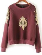 Shein Burgundy Crew Neck Embroidered Crop Sweatshirt