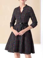 Shein Black V Neck Belted Print A-line Dress