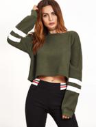 Shein Army Green Drop Shoulder Varsity Striped Crop Sweatshirt