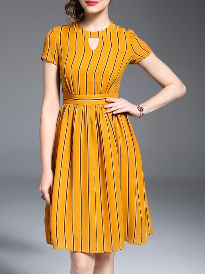 Shein Yellow Hollow Striped A-line Dress