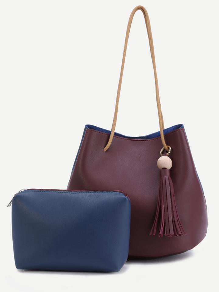 Shein Color Block Pu Tassel Trim Tote Bag Set