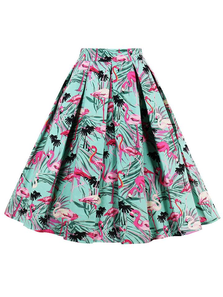 Shein Palm Leaf And Flamingo Print Box Pleated Skirt
