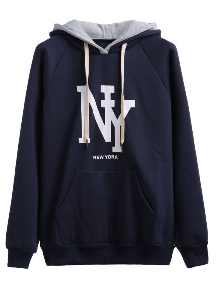 Shein Navy Letter Print Hooded Sweatshirt