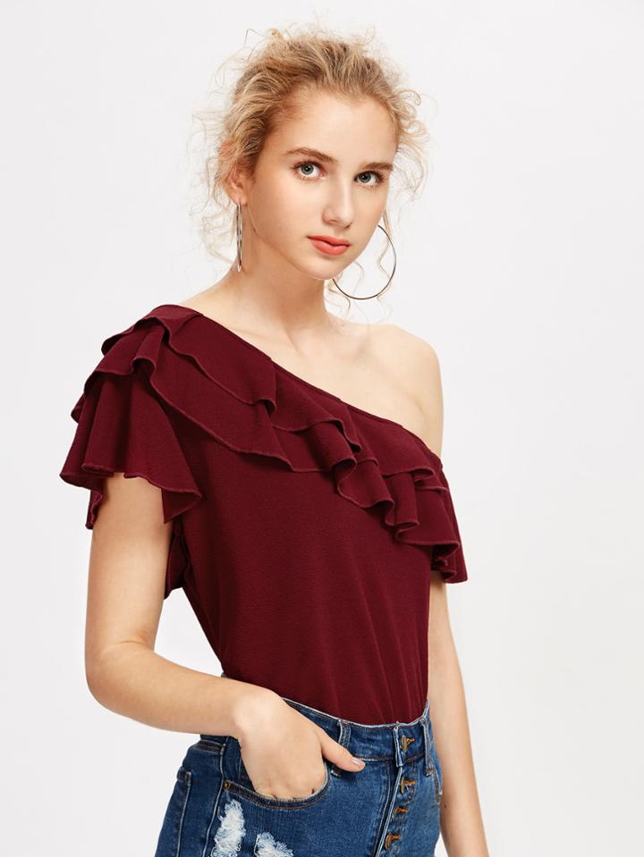 Shein Tiered Frill Trim Oblique Shoulder Top